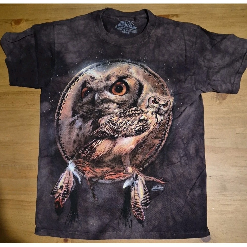 The Mountain Great Horned Owl T Shirt Tie Dye Brown Graphic Tee Small Cotton